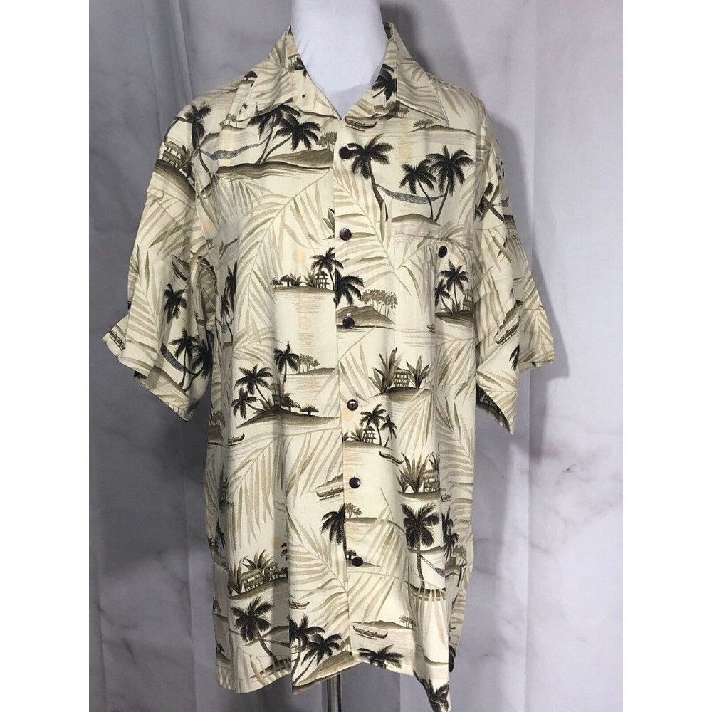Go Barefoot Aloha Hawaiian Tiki Shirt Beige Dark Green Palm Trees Medium - Picture 1 of 10